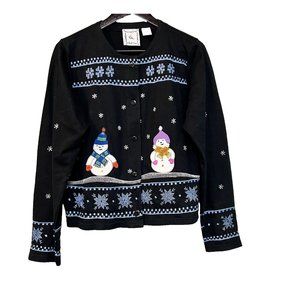 Michael Simon Sweater Cardigan Cotton Ramie Size L Black Snowman Cottage Winter